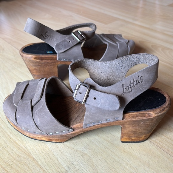LOTTA Peep Toe Clogs Taupe Oiled Nubuck Leather on Brown Base, size 37, EUC - Picture 2 of 9